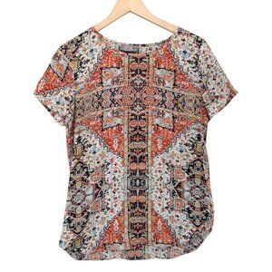Zoe Flowy Top Womens Multicolor Short Sleeve Side Slit Pullover Blouse Size M